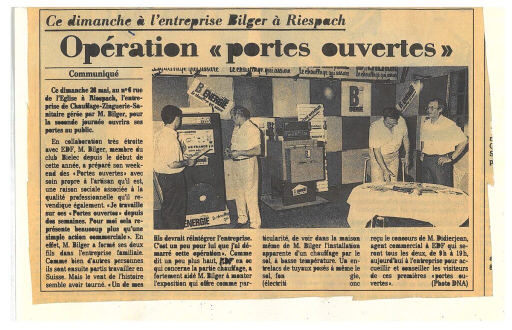Article de presse sur les premières portes ouvertes de l’entreprise Bilger en 1989
