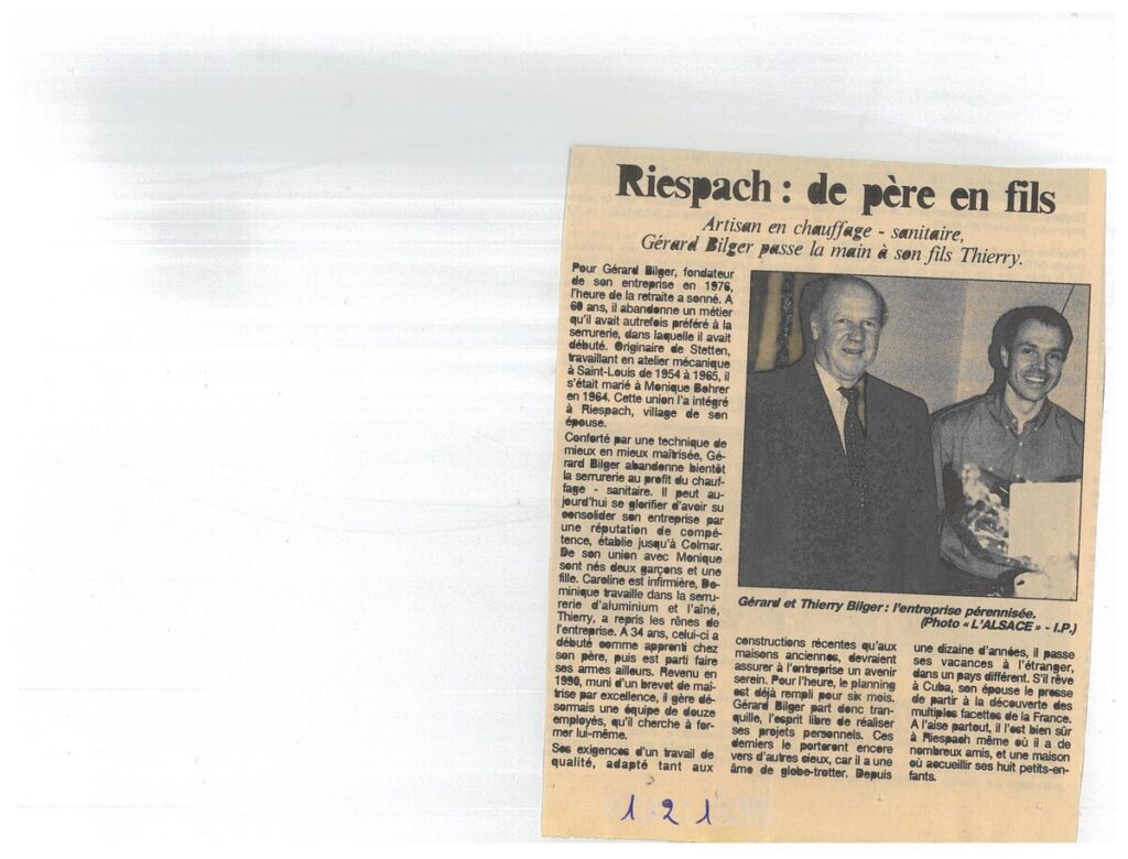 Article de presse : Gérard Bilger passe la main à son fils Thierry en 1999