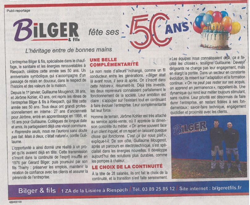 Publi-reportage consacré à Bilger & Fils — avril 2026