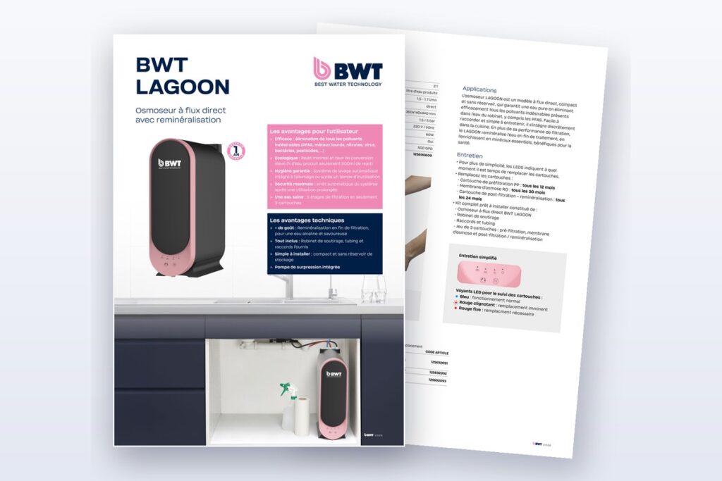 Les deux pages de la fiche produit de l’osmoseur BWT Lagoon à flux direct avec reminéralisation