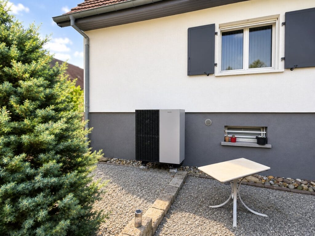 Maison individuelle à Retzwiller avec l’unité extérieure de la pompe à chaleur Viessmann discrètement installée le long de la façade