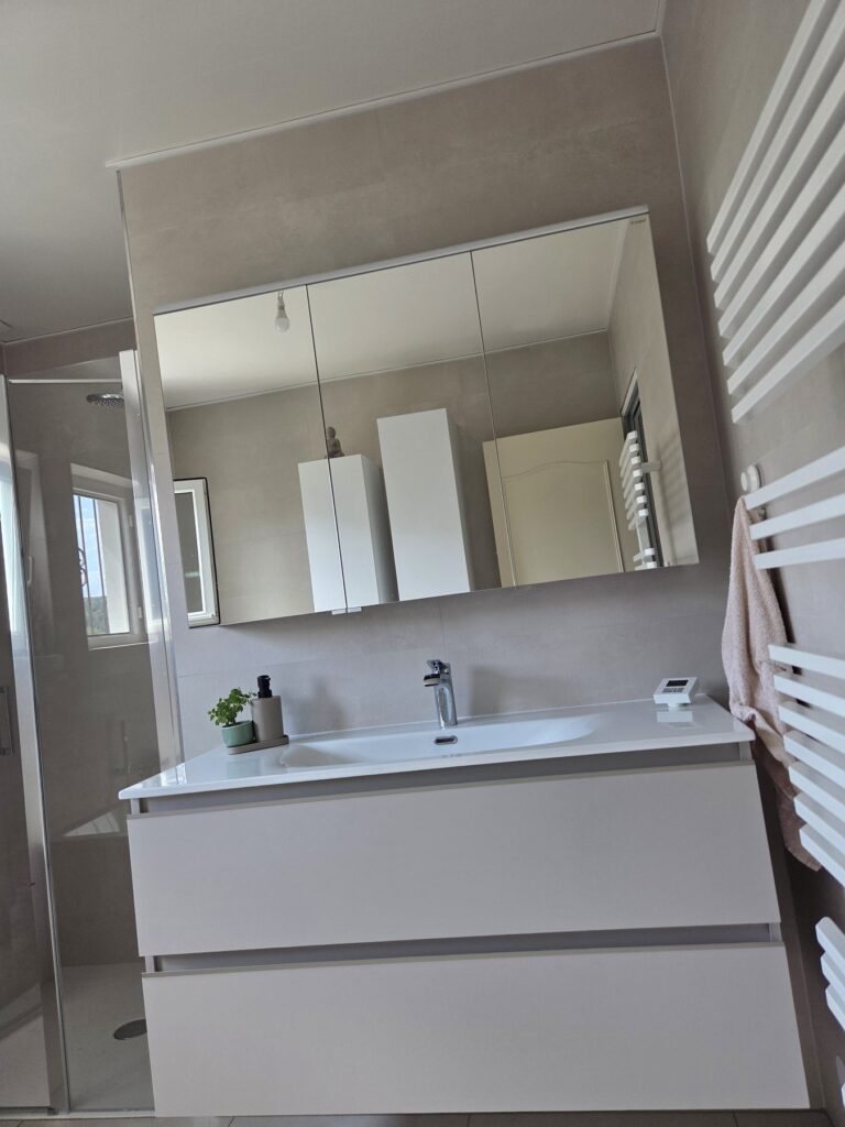 Meuble vasque et miroir de la salle de bain rénovée à Vieux-Ferrette