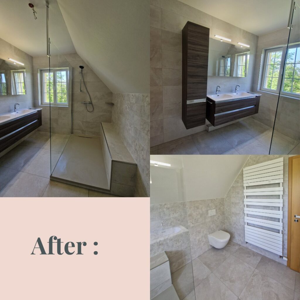 La même salle de bains après rénovation : douche à l’italienne et double vasque