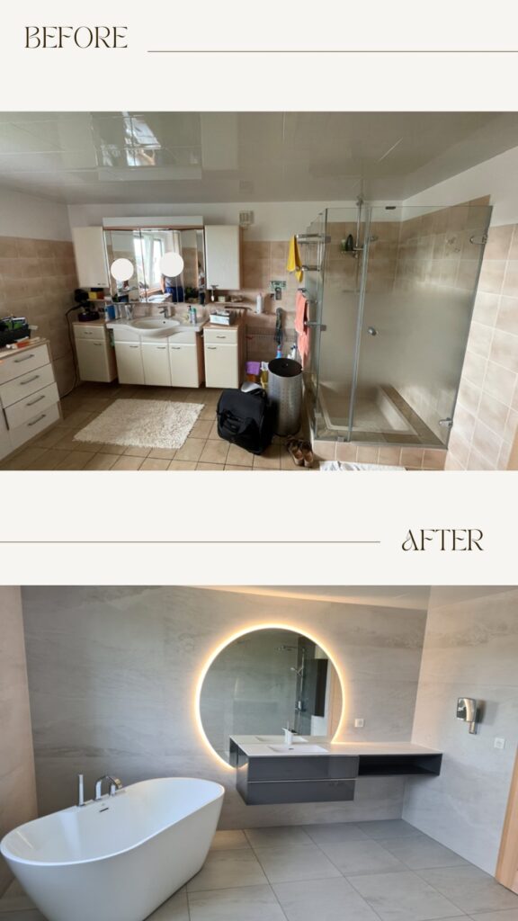 Rénovation de salle de bains, avant et après : baignoire îlot et vasque suspendue