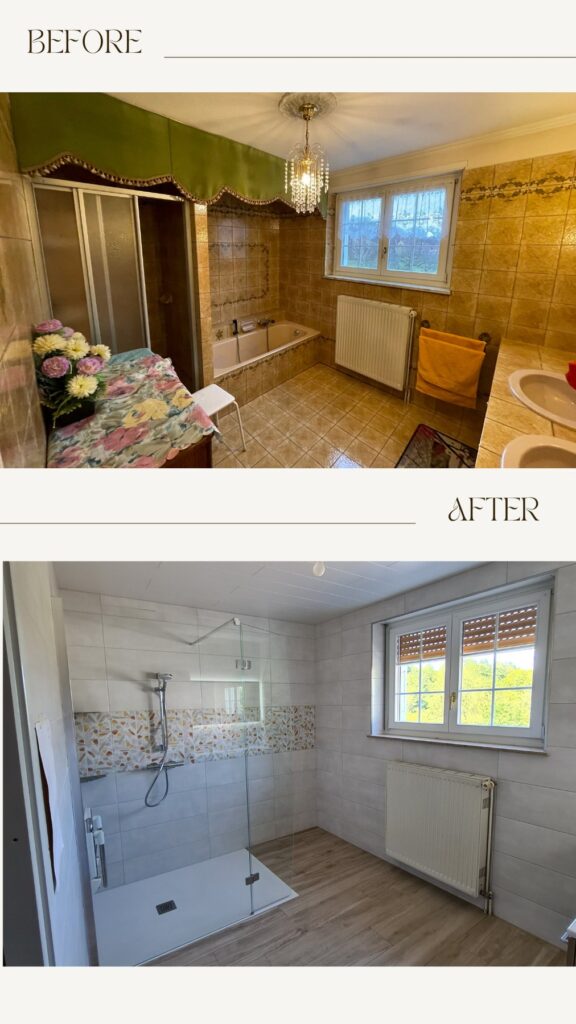 Rénovation de salle de bains, avant et après : espace de douche de plain-pied
