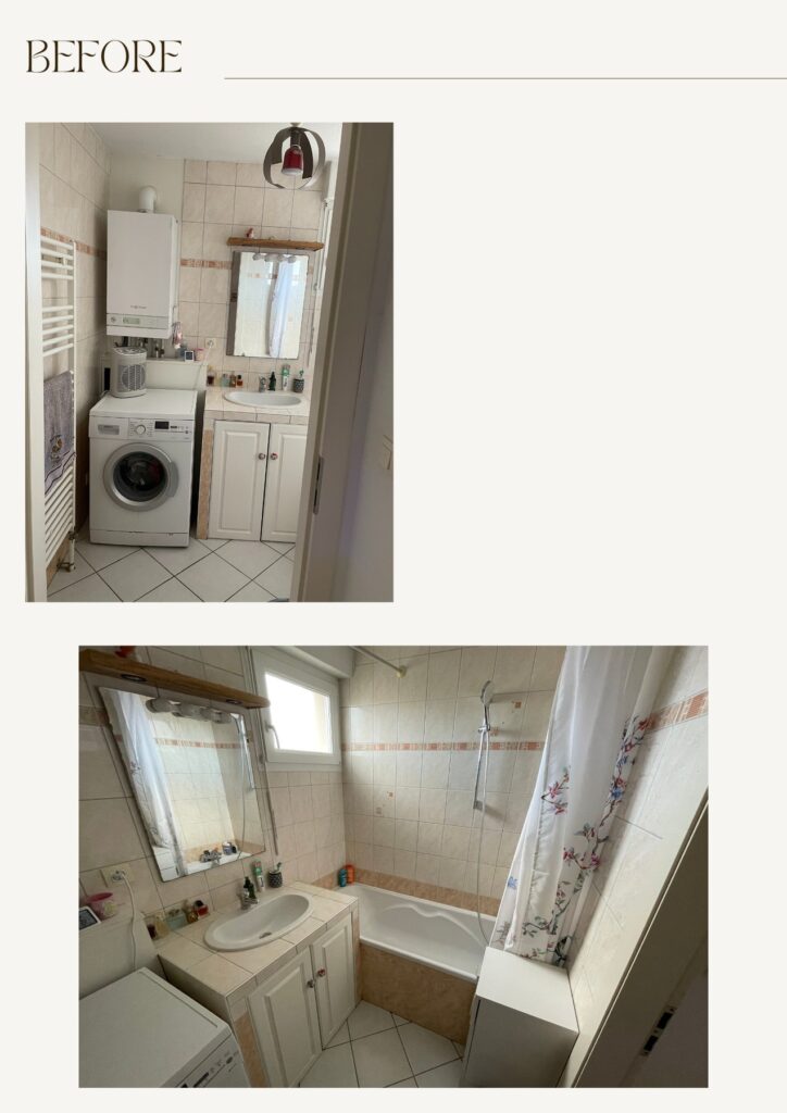 Salle de bains avant rénovation, baignoire et espace buanderie