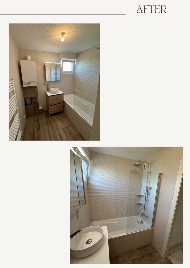 Salle de bains après rénovation : douche vitrée et baignoire