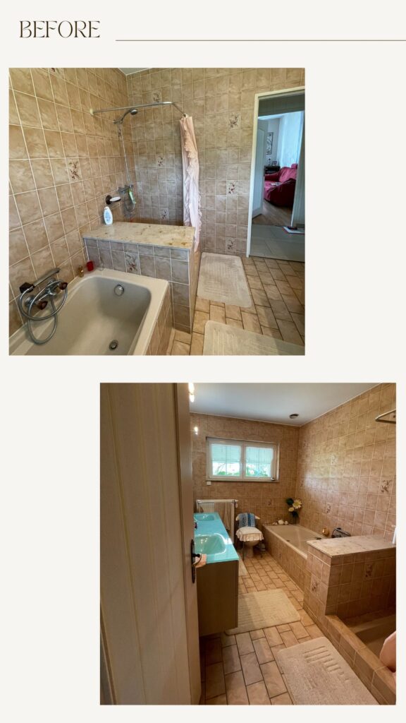Salle de bains avant rénovation, faïence beige et baignoire