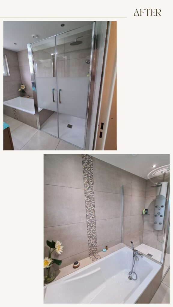 Salle de bains après rénovation : baignoire et espace de douche
