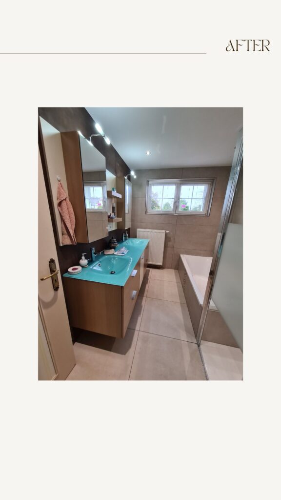 Salle de bains après rénovation : meuble vasque et miroir