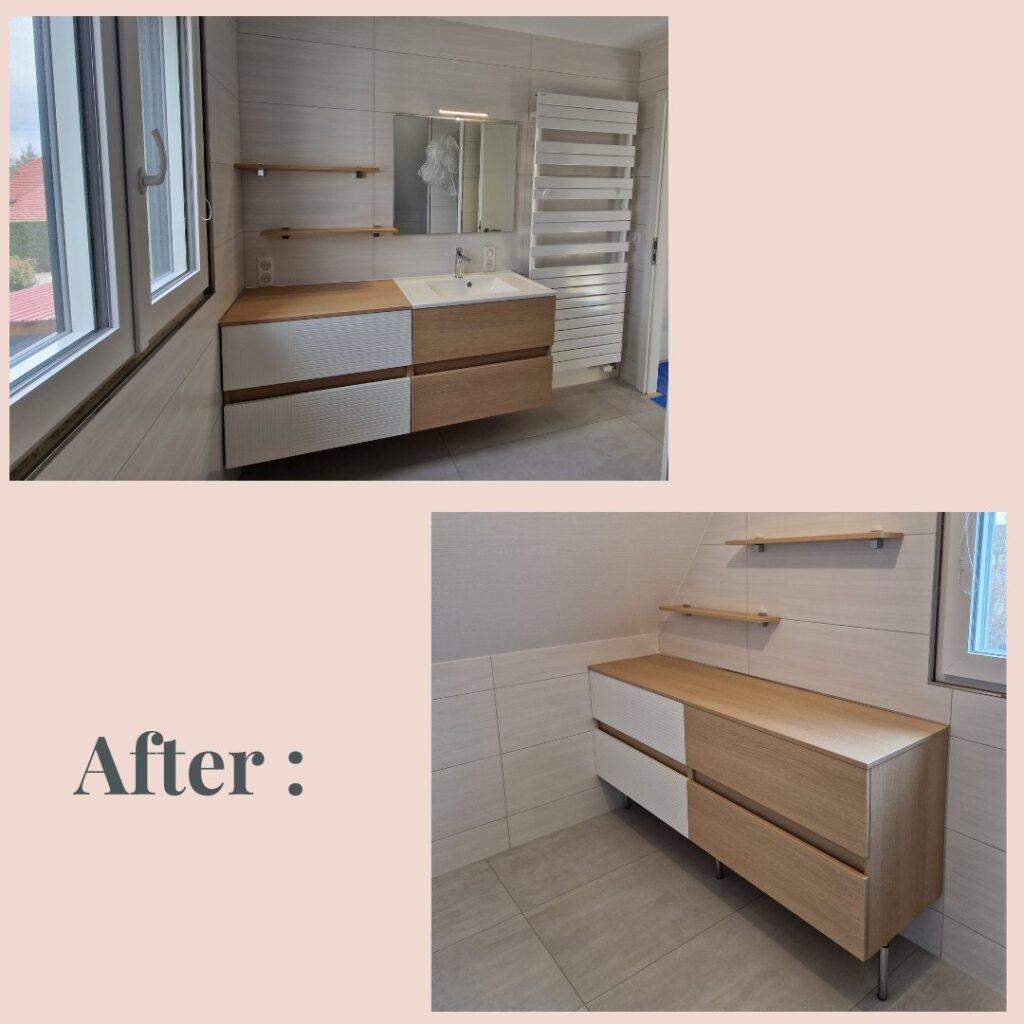 Salle de bains après rénovation : meuble vasque bois et sèche-serviettes