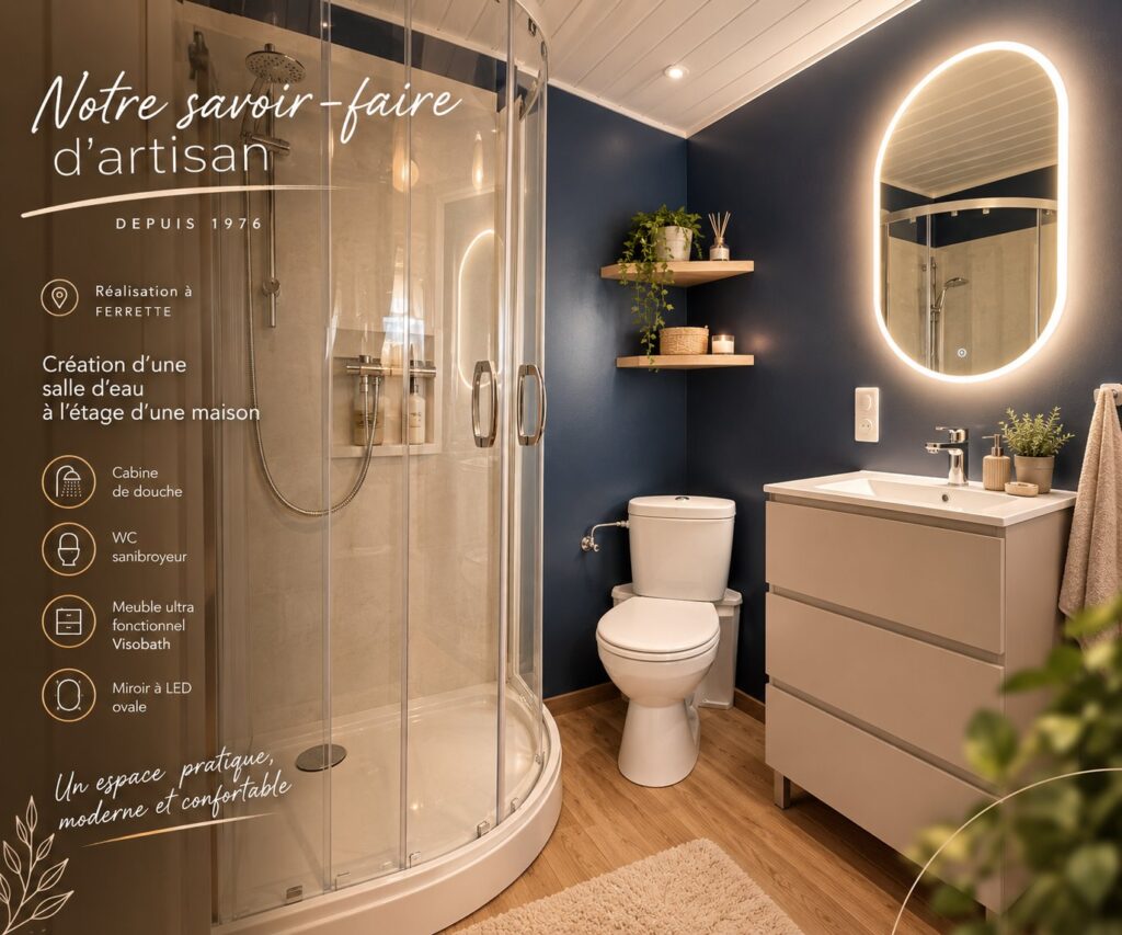 Salle d’eau aménagée par Bilger et Fils à Ferrette : cabine de douche, WC sanibroyeur, meuble Visobath et miroir ovale à LED